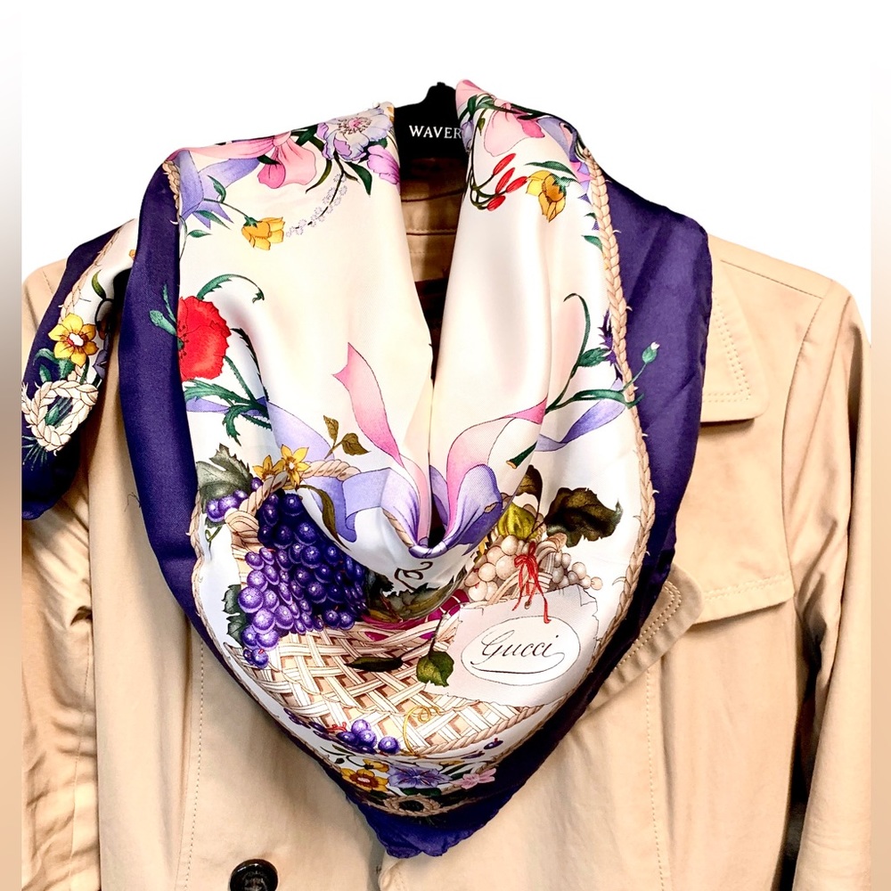 Gucci Vintage Silk Scarf in Floral and Fruit basket with Butterflies design - Picture 2 of 13